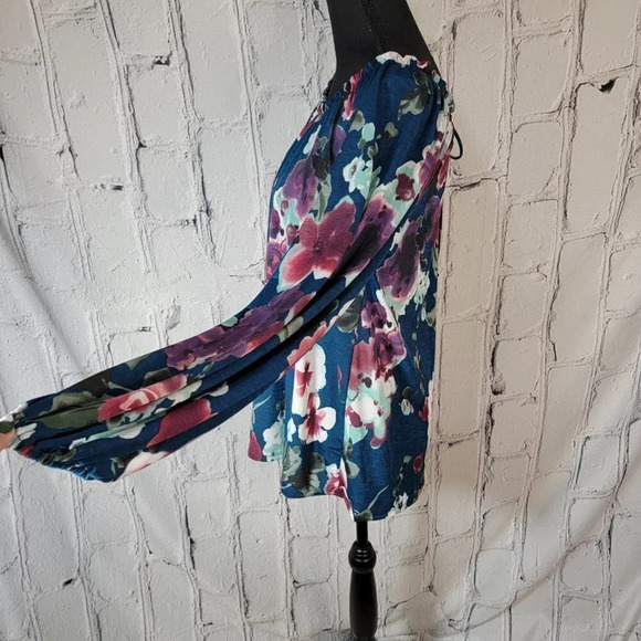 PROFESSIONAL Business Casual Floral Blue Aqua Stretch Long Sleeve Blouse Sz‎ L - Picture 4 of 8